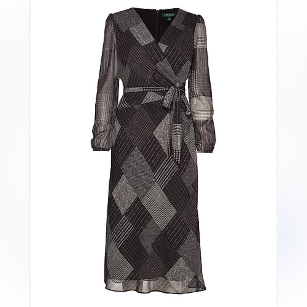 Lauren Ralph Lauren Plaid Wrap Midi Dress Size 12 Dark Academia Chic Patchwork - Picture 2 of 15